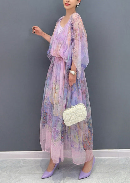 Women Lavender U Neck Print Patchwork Long Dresses Summer AO1064