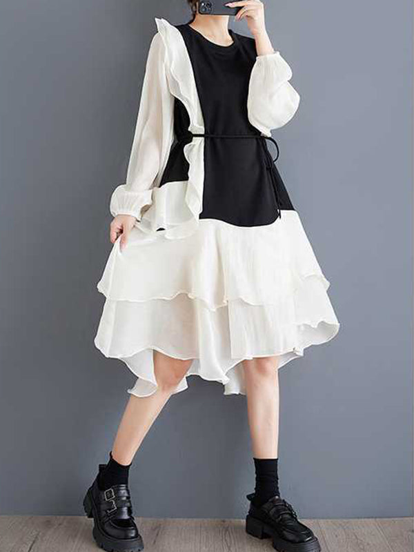 Chic Black Round-Neck Patchwork Contrast Color Ruffle Trim High-Low Long Sleeve Dress TW019