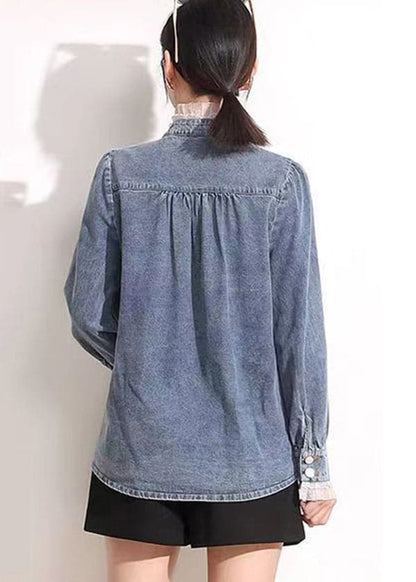 Französisch Blau Stehkragen Asymmetrische Patchwork Spitze Baumwolle Denim Mäntel Langarm AJ1005 