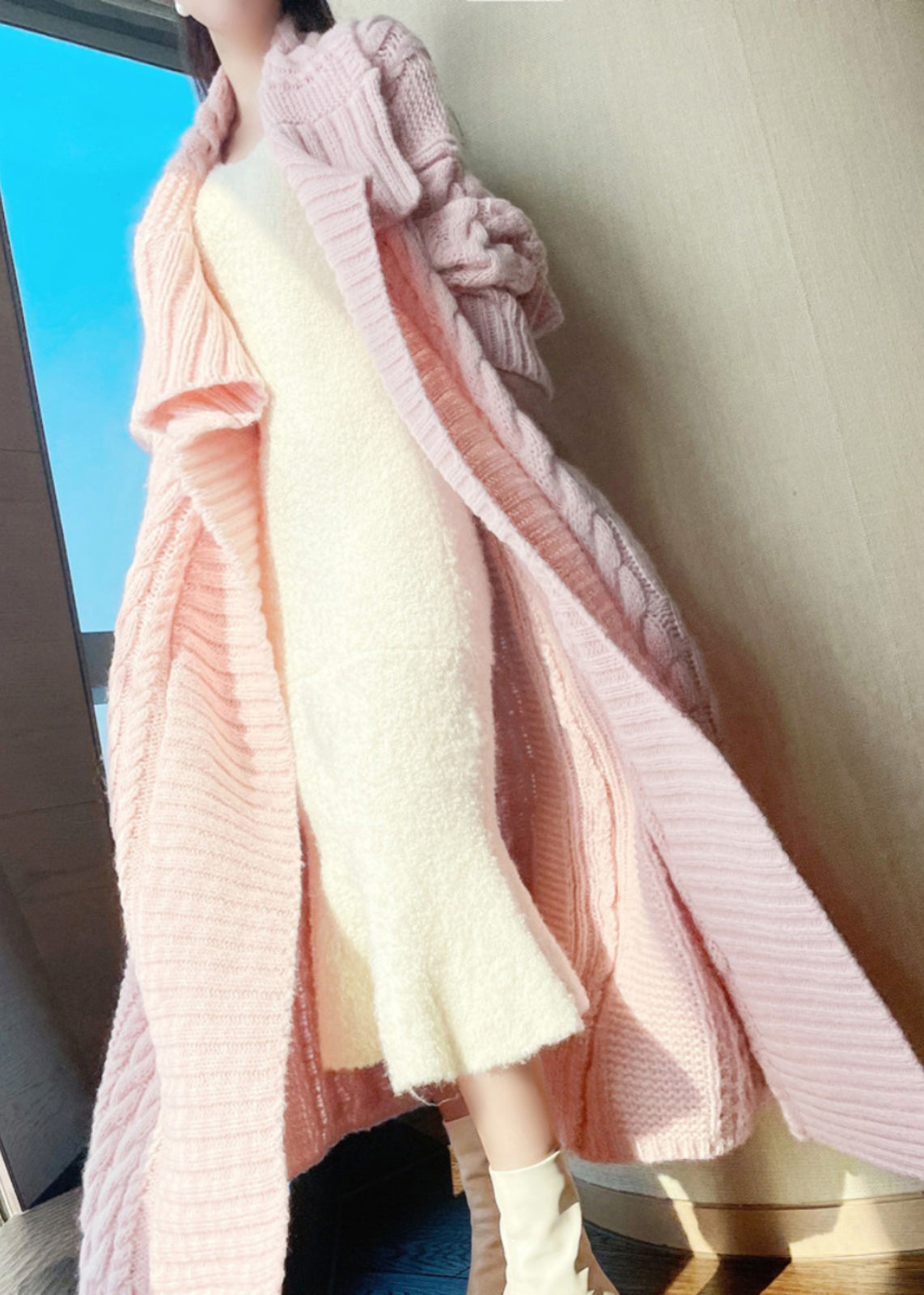 Cardigan ample en laine rose avec poches ajourées pour l'hiver QC010 