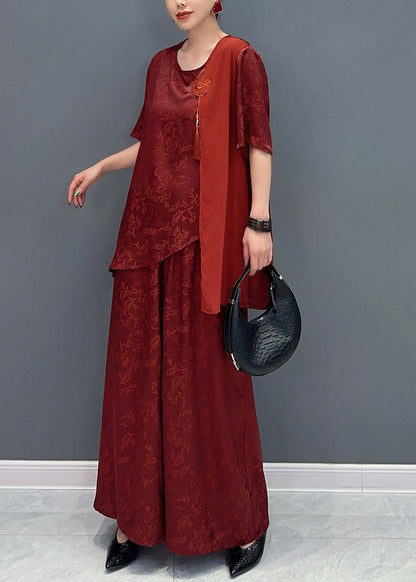 Ensemble deux pièces haut en jacquard de soie de style chinois et pantalon à jambes larges AO1019 