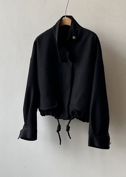 Black Button Cotton Jacket Stand Collar Drawstring Fall AF1083