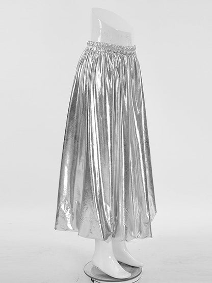 Chic Silver High Waisted Pleated A-Line Skirts WS011