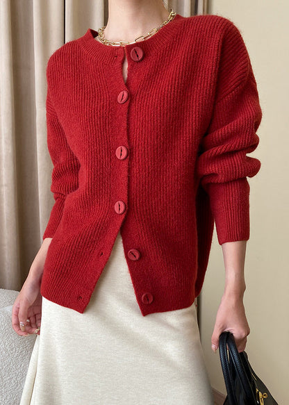 Loose Red Button Solid Knit Coats Fall AF1036