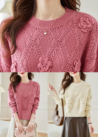 Floral Pink Hollow Out Solid Knit Sweaters Fall QC033