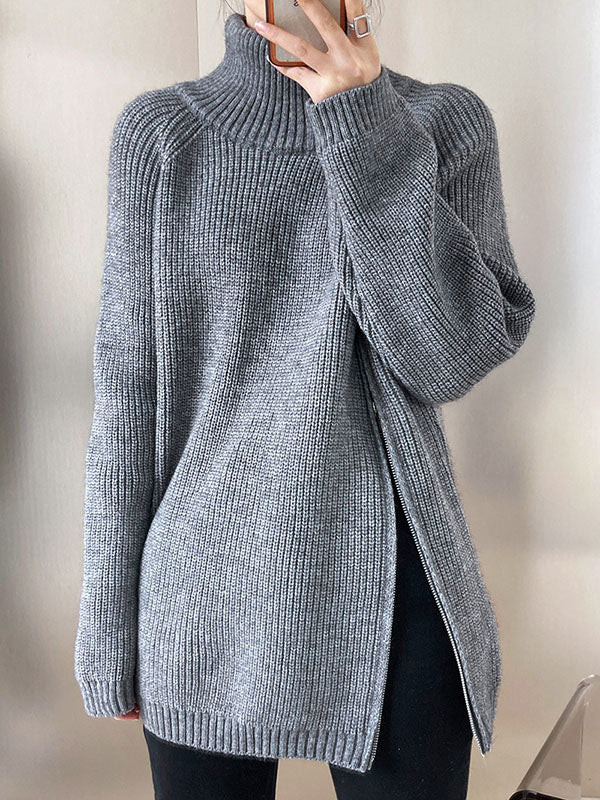 Urban Grey Neckholder-Pullover mit Schlitz an der Seite, lange Ärmel, Reißverschluss AN1033 