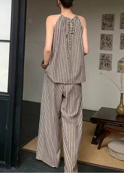 French Fashion Coffee Striped Top Wide Leg Pants Two Piece Set Summer EE055