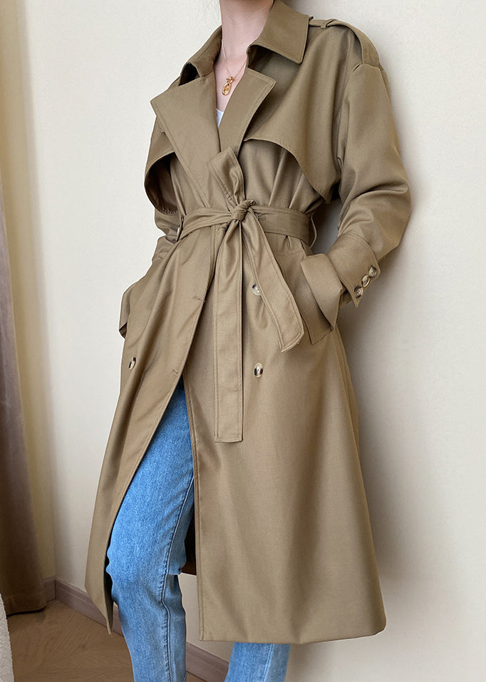 Lockerer Khaki-Trenchcoat aus Baumwolle mit Taschen und Bindegürtel, langen Ärmeln, AF1093 