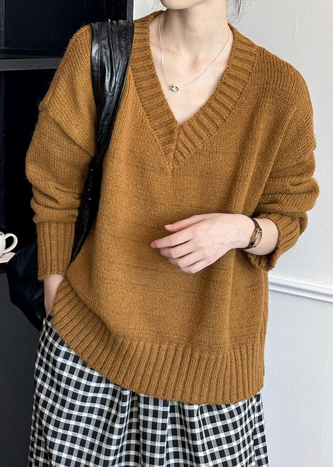 Neu Braun Aushöhlen Gemütliche Baumwolle Strick Pullover Langarm AF1098 