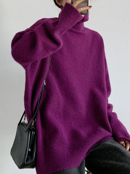 Lässiger roter Pullover mit hohem Halsausschnitt, geteiltem Saum und langen Ärmeln AN1056 