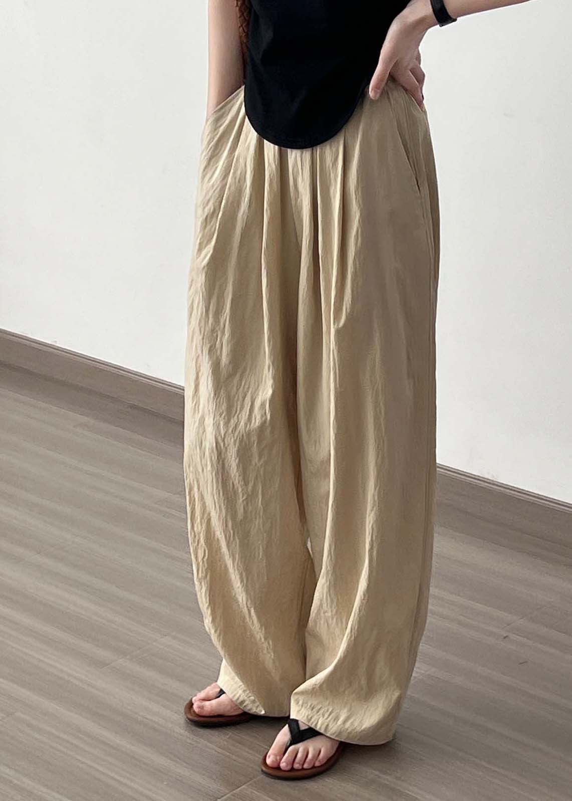 Women Khaki High Waist Wrinkled Cotton Wide Leg Pants Fall AF104