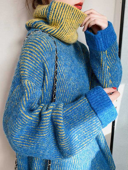 Design Lockerer blauer Pullover mit hohem Kragen und langen Ärmeln in Kontrastfarbe AN1054 