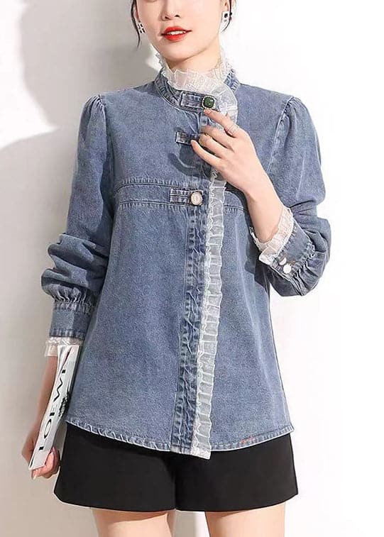 Französisch Blau Stehkragen Asymmetrische Patchwork Spitze Baumwolle Denim Mäntel Langarm AJ1005 