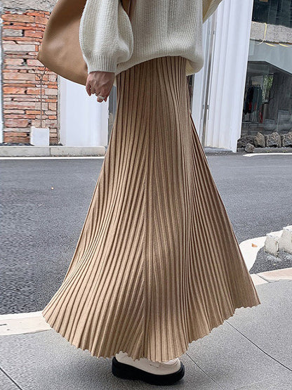 Brief Khaki High Waisted Pleated Striped A-Line Knit Skirt TW006