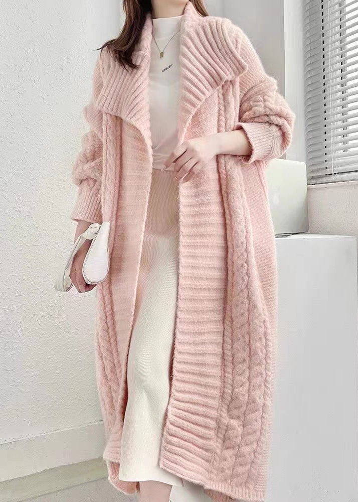 Cardigan ample en laine rose avec poches ajourées pour l'hiver QC010 