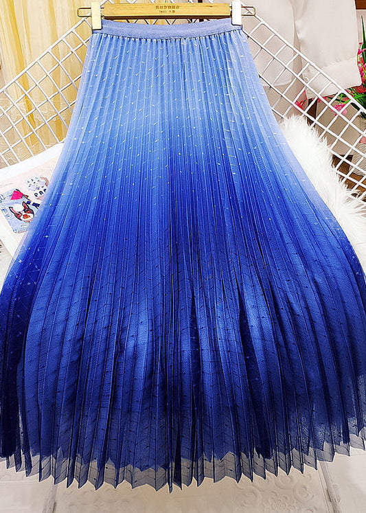 Women Blue Elastic Waist Sequins Gradient Color Tulle Pleated Skirt Spring AJ1003