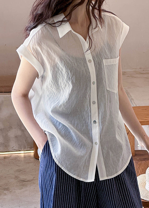 White Pockets Silk Cotton Blouses Peter Pan Collar Short Sleeve AF1003