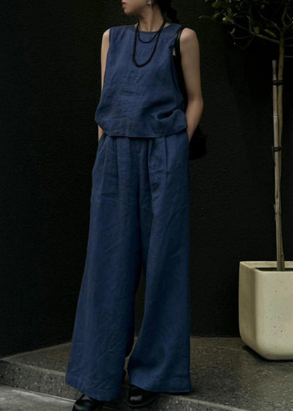 Women Blue Linen Vest And Wide Leg Pants Two Pieces Set Sleeveless AN1026