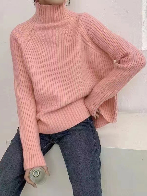 Lässiger rosa Strickpullover mit hohem Kragen und langen Ärmeln AN1058 