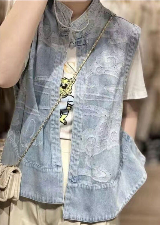 Chinesischen Stil Blau Stehkragen Print Patchwork Low High Design Denim Weste Sommer NN035 