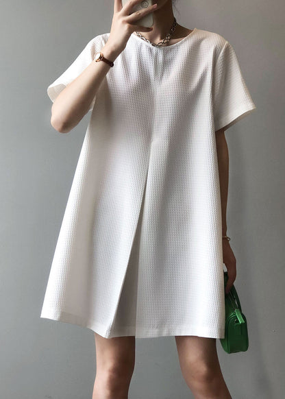 Robe mi-longue blanche en coton simple à col rond pour l'été AF1063 