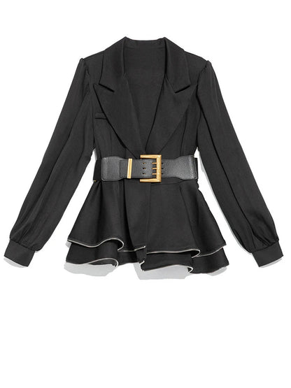 Women's Black Notched Lapel Pu Belted Ruffle Hem Long Sleeve Blazer TW024