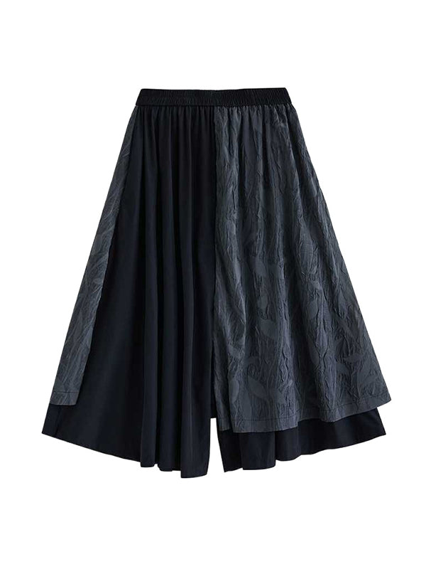 Pantalon large taille haute ample vintage noir avec poches et texture jacquard patchwork, culotte WS002 