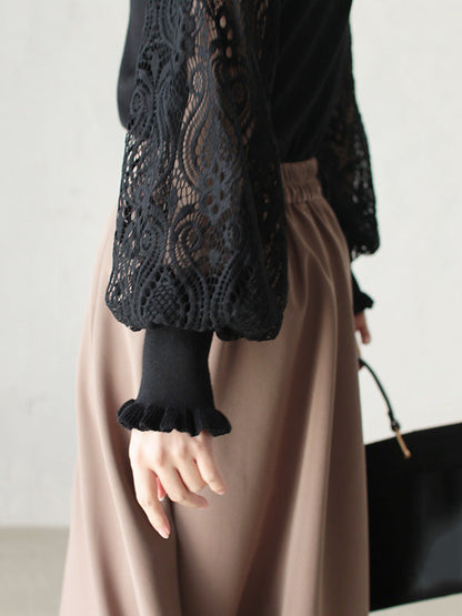 Tempermant Black Round-Neck Patchwork Hollow Lace Long Puff Sleeves Sweater QX011