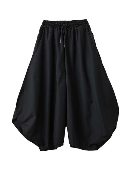 Vintage Black Drawstring Elasticity High Waisted Pockets Culotte Pants TW025