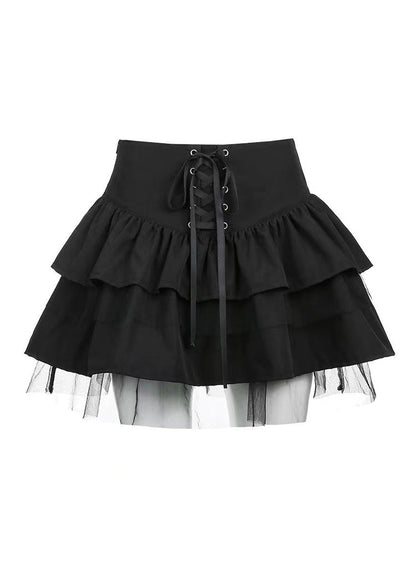 New Black Lace Up High Waist Cotton Pleated Skirt Summer RV017