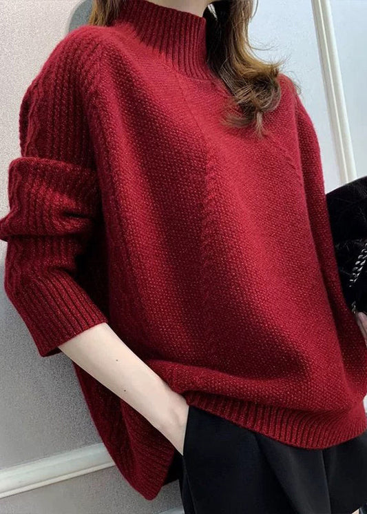 Women Red Turtleneck Cozy Cotton Knit Sweater Fall QX033