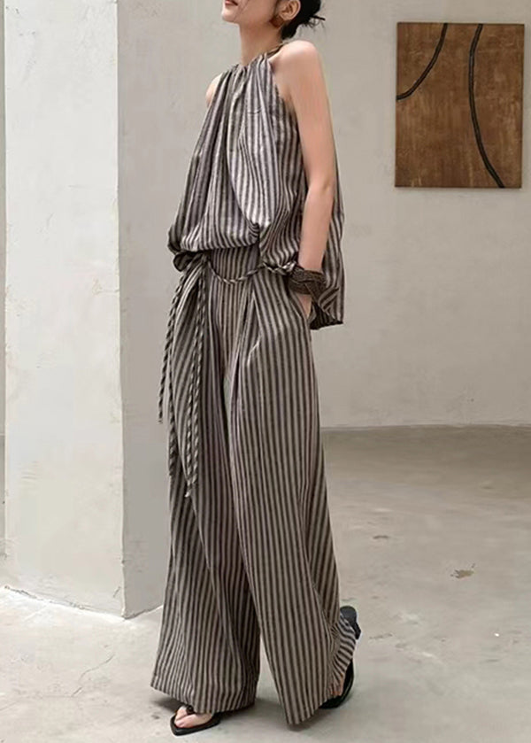 French Fashion Coffee Striped Top Wide Leg Pants Two Piece Set Summer EE055