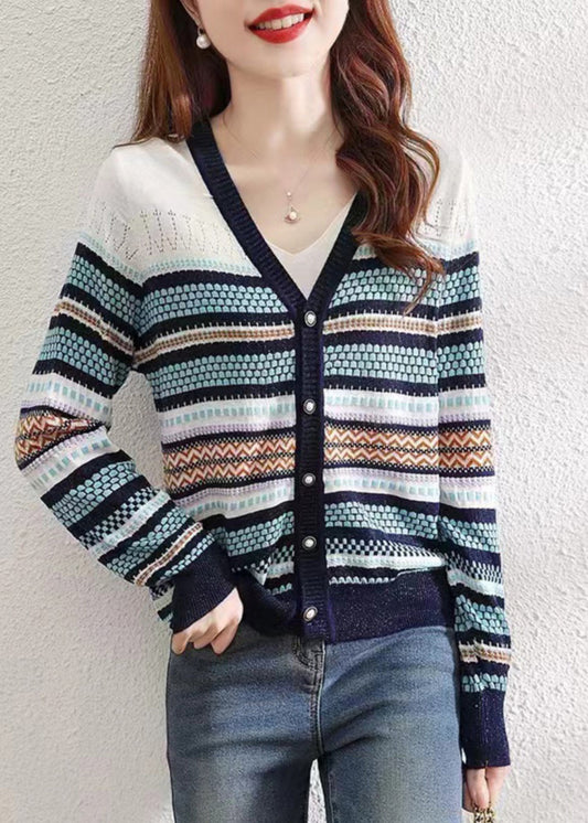 Frauen Colorblock V-Ausschnitt gestreiften Patchwork Knopf stricken Strickjacken Herbst QP010 