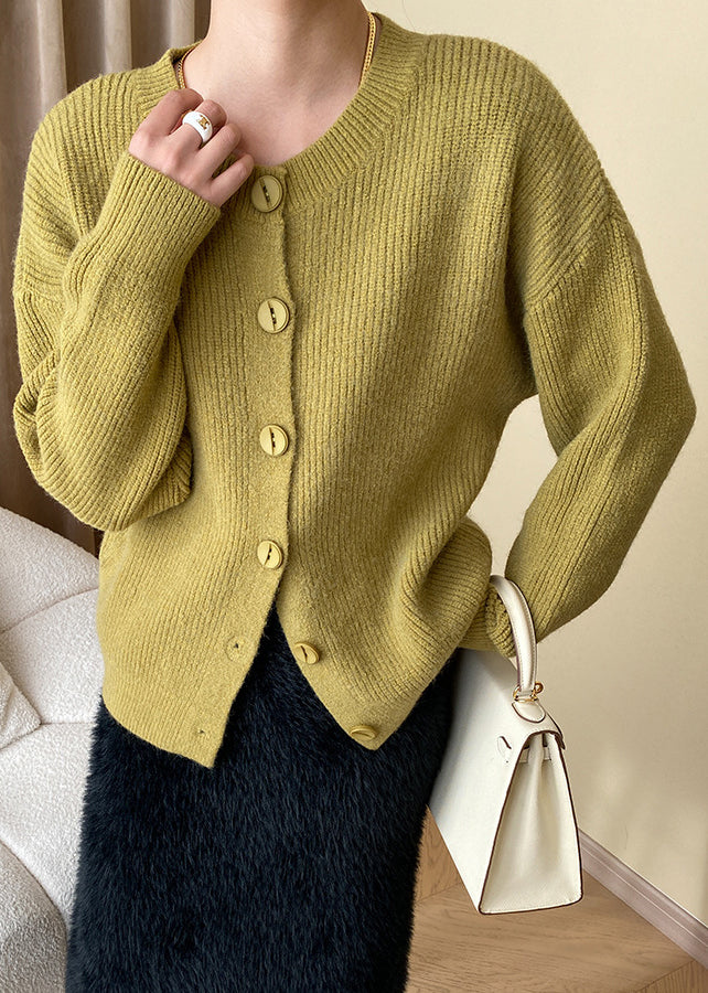 Manteau en tricot jaune confortable à col rond et manches longues AF1017 