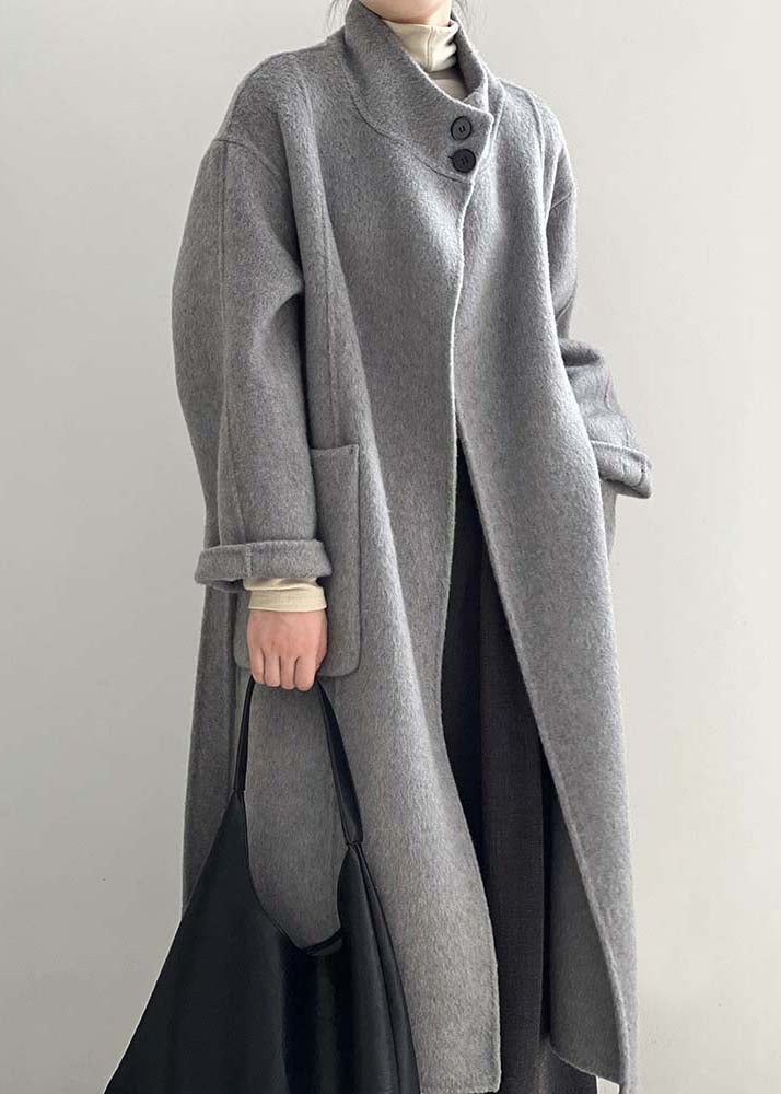 Manteau en laine gris italien avec col montant et poches nouées à la taille Automne AF1099 