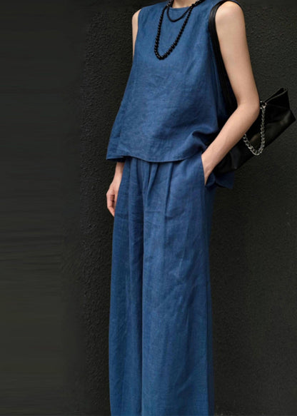 Women Blue Linen Vest And Wide Leg Pants Two Pieces Set Sleeveless AN1026