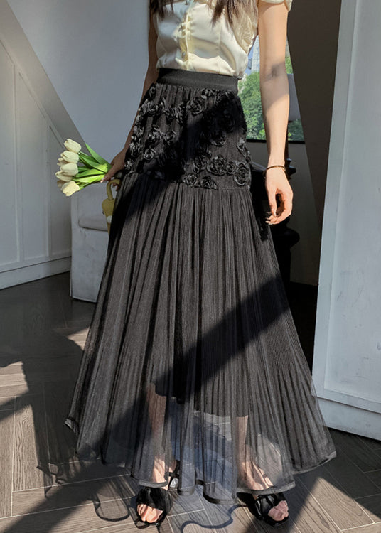 Black Wrinkled Patchwork Tulle Skirt High Waist Spring RV013