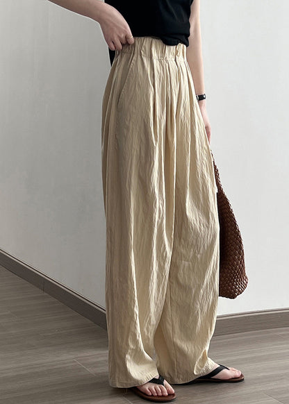 Women Khaki High Waist Wrinkled Cotton Wide Leg Pants Fall AF104