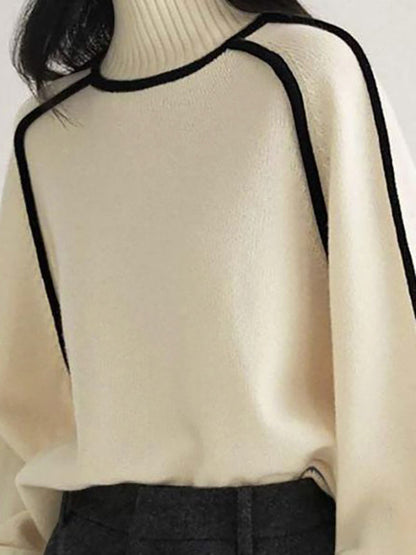 Original White High Neck Contrast Color Long Sleeve Sweater TW012