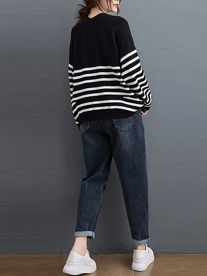 Casual Loose Black V-Neck Contrast Color Striped Long Sleeve Knit Sweater AN1035