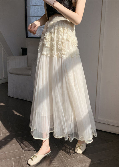 Unique Beige Floral Elastic Waist Tulle Skirts Spring RV011