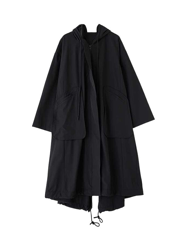 Casual Balck Hooded Pockets Zip-up Drawstring Hem Long Sleeve Trench Coat TW021