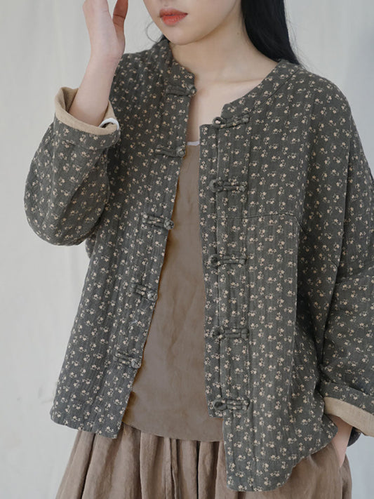 Women Ethnic Autumn Floral Button-up Cotton Coat AS1036