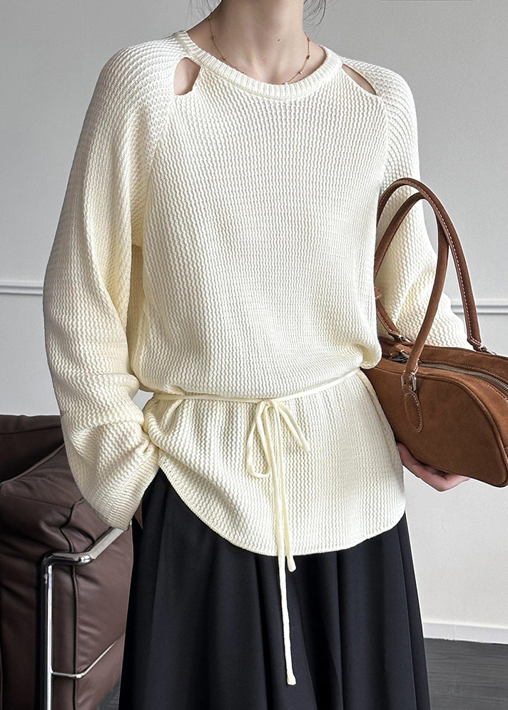 Beige Strickpullover mit Rundhalsausschnitt und langen Ärmeln und Bindegürtel AF1095 