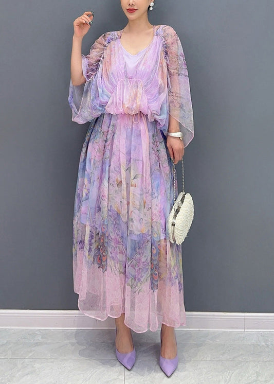 Women Lavender U Neck Print Patchwork Long Dresses Summer AO1064