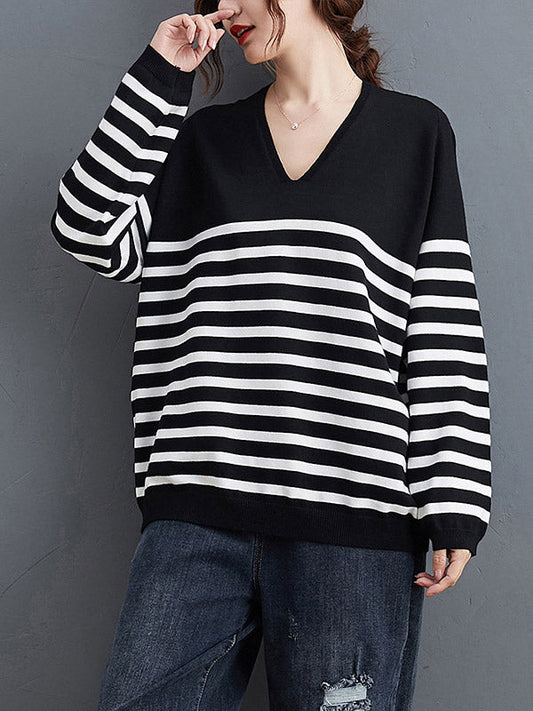 Casual Loose Black V-Neck Contrast Color Striped Long Sleeve Knit Sweater AN1035