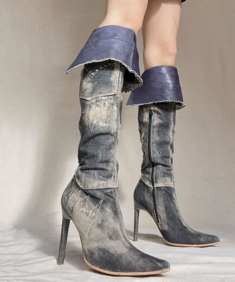 Kniehohe Stiefel aus Denim im amerikanischen Stil mit spitzen Spitzen von Spicy Girl WB015