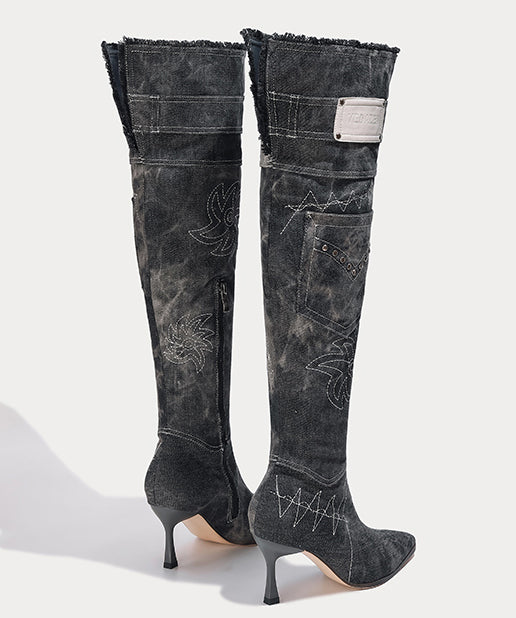 Kniehohe Stiefel aus Denim im amerikanischen Stil mit spitzen Spitzen von Spicy Girl WB015