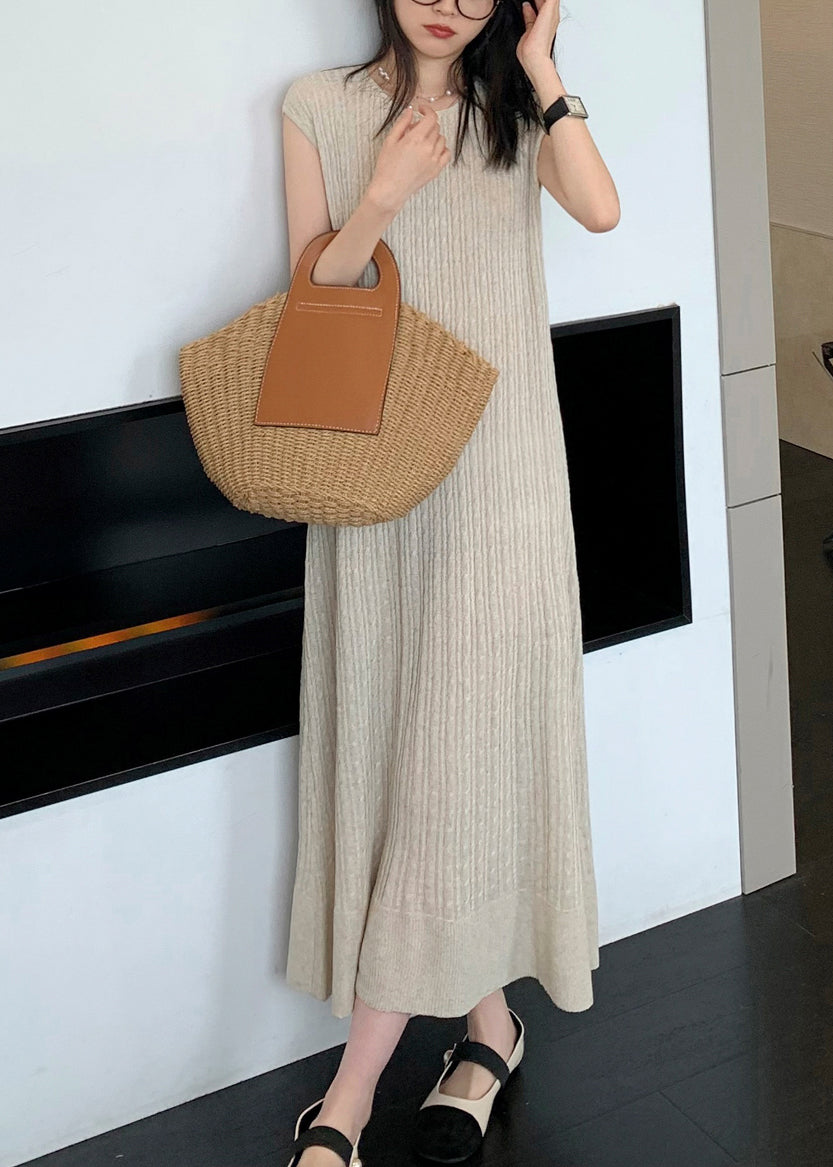 Apricot Solid Cozy Knit Long DressO Neck Sleeveless ZL009