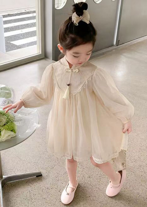 Apricot Tasseled Zippered Tulle Girls Dress Stand Collar Fall XZ058